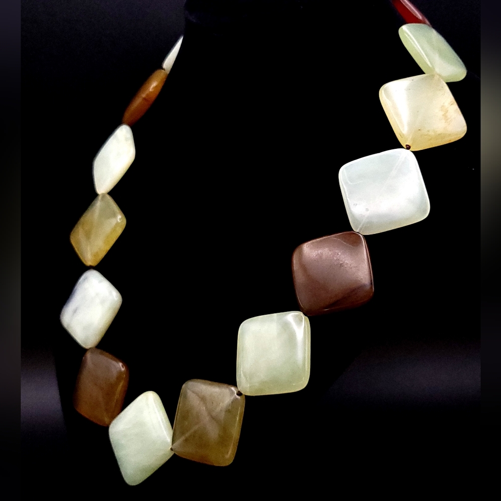 Artisan Natural Gemstone Square Bead Necklace – Earth-Tone Statement Piece